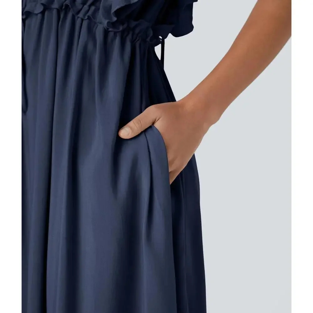NWT Halara Deep V Neck Butterfly Sleeve Pocket Flowy Maxi Casual Dress Blue XL